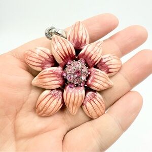Pink Enamel Rhinestones Floral Brooch Pedant